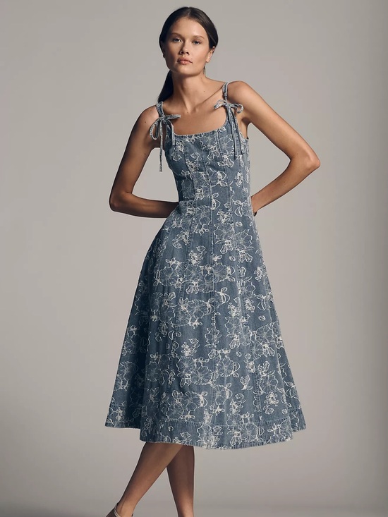 En Saison Dresses & Skirts - En Saison Blue Floral Midi Dress with White Lace Print